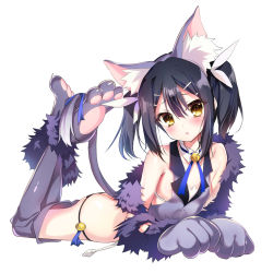 Rule 34 | 1girl, animal ears, animal hands, ass, bare shoulders, bell, black hair, black panties, blue ribbon, blush, breasts, butt crack, cat ears, cat tail, detached collar, elbow gloves, fate/kaleid liner prisma illya, fate (series), feather hair ornament, feathers, feet up, fur trim, gloves, grey gloves, grey thighhighs, grey vest, hair between eyes, hair ornament, hairclip, highres, jingle bell, long hair, looking at viewer, lying, miyu edelfelt, on stomach, open mouth, panties, paw gloves, paw shoes, ribbon, shoes, simple background, small breasts, solo, tail, thighhighs, thighs, twintails, underwear, vest, white background, yellow eyes, youta