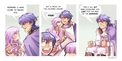 Rule 34 | 2boys, 2girls, bad id, bad twitter id, blue eyes, blue hair, blush, cape, deirdre (fire emblem), dress, english text, father and daughter, father and son, fire emblem, fire emblem: genealogy of the holy war, fire emblem heroes, hark a vagrant, hark a vagrant!, highres, julia (fire emblem), light purple hair, long hair, meme, mother and daughter, multiple boys, multiple girls, nintendo, purple eyes, purple hair, seliph (fire emblem), short hair, sigurd (fire emblem), smile, very long hair