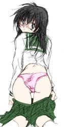 Rule 34 | 1girl, ass, black hair, blush, clothes pull, from behind, higurashi kagome, inuyasha, lace, lace-trimmed panties, lace trim, looking at viewer, looking back, panties, pink panties, school uniform, sketch, skirt, skirt pull, socks, thighs, underwear, undressing, white background