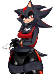 Rule 34 | black fur, breasts, choker, cigarette, cleavage, eyeshadow, fingerless gloves, genderswap, genderswap (mtf), gloves, hedgehog, hedgehog ears, hedgehog girl, hedgehog tail, highres, jewelry, large breasts, looking at viewer, makeup, midriff, quill, red eyes, red fur, ring, shadow the hedgehog, shorts, sideboob, smoking, sonic (series), tank top, thick thighs, thighhighs, thighs, usa37107692, white fur, wide hips, zettai ryouiki