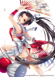 Rule 34 | 1girl, artist name, ass, bad id, bad pixiv id, black hair, black socks, blue hallelujah, boots, bow, breasts, brown eyes, dual wielding, fatal fury, female focus, folding fan, hair bow, hand fan, holding, large breasts, long hair, looking at viewer, loose socks, no shoes, panties, pantyshot, parted bangs, pelvic curtain, ponytail, red panties, revealing clothes, rope, shiranui mai, sideboob, simple background, sleeveless, socks, solo, standing, standing on one leg, the king of fighters, underwear, very long hair, watermark, web address, white background, white footwear, yellow eyes