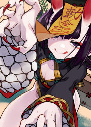 Rule 34 | 1girl, :q, breasts, cleavage, eyeliner, fate/grand order, fate (series), fingernails, highres, horns, jiangshi, makeup, nail polish, oni, pale skin, purple eyes, purple hair, red nails, sharp fingernails, shuten douji (fate), shuten douji (festival outfit) (fate), small breasts, smile, solo, talisman, tongue, tongue out, toro3