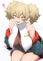 Rule 34 | 1girl, :p, artist name, bare shoulders, breasts, brown eyes, collarbone, commentary, crossed bangs, gundam, gundam suisei no majo, heart, highres, joy ride, large breasts, light brown hair, renee costa, short hair, simple background, sitting, solo, teeth, thighs, tongue, tongue out, white background