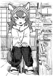 Rule 34 | 1girl, absurdres, alternate costume, animal ears, bell (hellchan3), empty eyes, fang, fingernails, full body, fur collar, greyscale, hand rest, highres, japanese wolf (kemono friends), kemono friends, long hair, long sleeves, looking to the side, monochrome, multicolored hair, on stool, open mouth, own hands together, pants, sitting, smile, solo, stool, sweater, tail, wolf ears, wolf girl, wolf tail