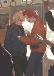 Rule 34 | 2boys, 2others, adam&#039;s apple, alternate costume, bag, bag charm, baggy clothes, bakugou katsuki, black pants, black sweater, blonde hair, blue bag, blue jacket, blurry, blurry background, boku no hero academia, book, bus interior, casual, cellphone, character charm, charm (object), check clothing, closed eyes, copyright name, cowboy shot, depth of field, diffraction spikes, door, drawstring, facing another, fang, from side, hair between eyes, hand in pocket, hand up, handbag, happy, head down, highres, holding, holding book, holding hand grip, holding phone, hood, hood down, hooded jacket, jacket, kirishima eijirou, long sleeves, male focus, multiple boys, multiple others, open clothes, open jacket, open mouth, orange shirt, pants, phone, pointing, poster (object), profile, red hair, sharp teeth, shirt, short eyebrows, short hair, sleeves past wrists, smartphone, smile, spiked hair, standing, sweater, teeth, tsukota, turtleneck, turtleneck sweater, twitter username, two-sided fabric, two-sided jacket, v-shaped eyebrows, x, zipper pull tab