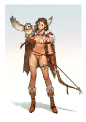 Rule 34 | 1girl, absurdres, animal on arm, animal skull, bandaged arm, bandaged leg, bandages, bird, bird on arm, boots, border, bow (weapon), bra, breasts, brown bra, brown cape, brown eyes, brown footwear, brown gloves, brown hair, brown panties, cape, cleavage, closed mouth, commentary, earrings, english commentary, facial mark, falconry glove, feather earrings, feathers, freckles, full body, fur-trimmed cape, fur trim, gloves, gradient background, grey background, highres, holding, holding bow (weapon), holding weapon, jewelry, knee boots, large breasts, leg tattoo, lips, medium hair, nasaca, navel, o-ring, original, owl, panties, red rope, rope, shadow, solo, standing, tattoo, thigh strap, underwear, weapon, white border