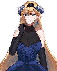 Rule 34 | 1girl, alternate costume, arknights, bare shoulders, black gloves, black hairband, blonde hair, blue dress, blue eyes, blue sealad, breasts, commentary, dress, elbow gloves, gloves, hair between eyes, hairband, hand up, highres, horns, large breasts, long hair, looking at viewer, parted lips, pointy ears, saileach (arknights), simple background, sleeveless, sleeveless dress, solo, upper body, very long hair, white background