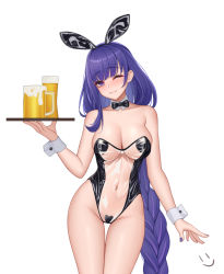 Rule 34 | 1girl, animal ears, arm at side, bare arms, bare shoulders, braid, breasts, cleavage, closed mouth, covered navel, cowboy shot, drink, fake animal ears, genshin impact, groin, hand up, heart maebari, heart pasties, highleg, highleg leotard, holding, holding tray, large breasts, leotard, long hair, low-braided long hair, low-tied long hair, maebari, meme attire, one eye closed, pasties, playboy bunny, purple hair, rabbit ears, raiden shogun, see-through, see-through leotard, simple background, single braid, smile, solo, thigh gap, translucent bunnysuit, tray, wei xiao, white background, wrist cuffs