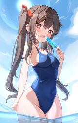 Rule 34 | 1girl, absurdres, alternate breast size, blue one-piece swimsuit, blue sky, breasts, bright pupils, brown eyes, brown hair, cloud, commentary, competition swimsuit, covered navel, cowboy shot, day, flower-shaped pupils, food, genshin impact, highleg, highleg swimsuit, highres, hu tao (genshin impact), long hair, medium breasts, one-piece swimsuit, outdoors, popsicle, red eyes, sky, smile, solo, sun, swimsuit, symbol-shaped pupils, teeth bro, twintails, wading, water, white pupils