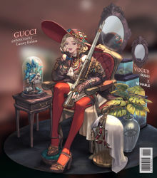Rule 34 | 1girl, absurdres, barcode, birdcage, blonde hair, blue eyes, bow, cage, chair, dress, earrings, elbow rest, fish tank, flower pot, gucci, gun, hat, head rest, high heels, highres, holster, jacket, jewelry, looking at viewer, mirror, mole, mole under eye, monable, nail polish, original, pantyhose, parted lips, plant, red pantyhose, rifle, ring, short hair, side slit, sitting, skull, smile, snake, solo, table, thigh holster, weapon