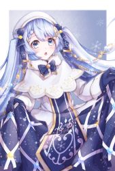 Rule 34 | 1girl, absurdres, bass clef, beads, beret, blue bow, blue dress, blue eyes, blue gloves, blue hair, blue tabard, bow, bowtie, capelet, commentary, dress, fortissimo, fur-trimmed capelet, fur trim, gloves, gold trim, hair beads, hair bow, hair ornament, hat, hatsune miku, highres, huge filesize, light blue hair, long hair, looking at viewer, musical note, musical note hair ornament, open mouth, shinoduki, skirt hold, snowflake print, sparkle, tabard, treble clef, twintails, two-tone dress, upper body, very long hair, vocaloid, white capelet, white dress, white headwear, yuki miku, yuki miku (2021)
