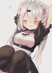 Rule 34 | 1girl, alternate costume, arms up, black dress, black thighhighs, blush stickers, breasts, closed eyes, collarbone, dress, enmaided, grey background, hair ornament, hair ribbon, hairclip, knees up, long hair, maid, maid headdress, moti yousei, nijisanji, puffy short sleeves, puffy sleeves, red ribbon, ribbon, shiina yuika, shiina yuika (5th costume), short sleeves, silver hair, simple background, sitting, small breasts, solo, stretching, thighhighs, trembling, twintails, very long hair, virtual youtuber