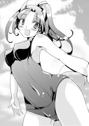 Rule 34 | 1girl, :d, ajiichi, animal ears, armpits, bad id, bad pixiv id, blush, breasts, covered navel, dog ears, dog tail, covered erect nipples, greyscale, hattori shizuka, monochrome, one-piece swimsuit, open mouth, ponytail, school swimsuit, smile, solo, strike witches, swimsuit, tail, thighs, world witches series