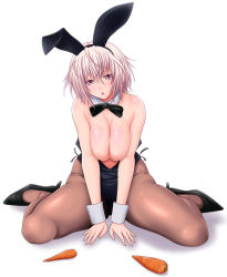 Rule 34 | 1girl, animal ears, bad id, bad pixiv id, between legs, blush, bow, bowtie, breasts, breasts squeezed together, brown pantyhose, carrot, cleavage, curvy, detached collar, fake animal ears, full body, hair between eyes, hairband, hand between legs, head tilt, high heels, large breasts, leotard, looking at viewer, no nipples, open mouth, original, pantyhose, pink eyes, pink hair, playboy bunny, rabbit ears, saogokushi, short hair, simple background, sitting, solo, thick thighs, thighs, topless, v arms, wariza, white background, wrist cuffs