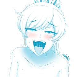 Rule 34 | 1girl, ahegao, artist name, blush, collarbone, cslucaris, eyebrows, half-closed eyes, long hair, looking at viewer, naughty face, open mouth, oral invitation, ponytail, rolling eyes, rwby, saliva, simple background, solo, spot color, sweat, sweatdrop, tears, teeth, tongue, tongue out, trembling, weiss schnee, white background, white hair