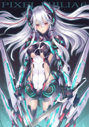 Rule 34 | 1girl, android, armor, bare shoulders, bodysuit, breasts, dual wielding, floating hair, gloves, holding, joints, long hair, looking at viewer, mecha musume, neon trim, nidy, original, red eyes, robot joints, solo, thighhighs, weapon, white hair