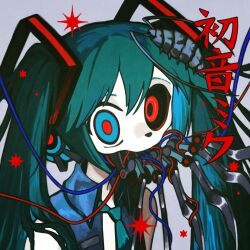 Rule 34 | 1girl, absurdres, android, aqua hair, aqua necktie, bare shoulders, black sclera, blue eyes, blue shirt, bug, ca (maeda koutarou), calne ca, character name, cockroach, colored sclera, commentary request, cosplay, grey background, hatsune miku, hatsune miku (cosplay), heterochromia, highres, insect, insect on head, korean commentary, long hair, looking at viewer, mime 404, mismatched sclera, necktie, open clothes, open shirt, red eyes, red pupils, shirt, simple background, sleeveless, sleeveless shirt, solo, star (symbol), translation request, twintails, upper body, vocaloid