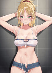 Rule 34 | 1girl, armpits, arms behind back, arms up, bare arms, bare shoulders, blonde hair, blush, breasts, bukkake, cleavage, collarbone, cowboy shot, cum, cum on body, cum on clothes, cum on hair, denim, denim shorts, facial, fate/apocrypha, fate (series), female focus, frown, green eyes, grey background, groin, hair ornament, hair scrunchie, highres, large breasts, long hair, looking at viewer, mordred (fate), mordred (fate/apocrypha), navel, open clothes, open shorts, red scrunchie, scrunchie, shorts, solo, standing, stomach, try (lsc)