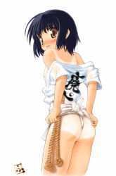Rule 34 | 1girl, ass, black hair, blush, brown eyes, flat ass, flat chest, fundoshi, japanese clothes, looking back, mizu happi, one-piece tan, short hair, simple background, solo, tan, tanline, white background