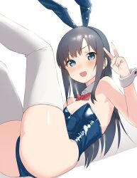 Rule 34 | 1girl, animal ears, asashio (kancolle), ass, black hair, blue eyes, blue leotard, blush, bow, breasts, detached collar, fake animal ears, highres, kantai collection, leotard, long hair, looking at viewer, open mouth, rabbit ears, red bow, sakieko, simple background, small breasts, smile, solo, strapless, strapless leotard, thighhighs, v, white background, white thighhighs, wrist cuffs