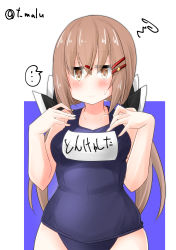 Rule 34 | ..., 1girl, absurdres, black bow, blue background, blue one-piece swimsuit, blush, bow, breasts, brown eyes, brown hair, collarbone, cowboy shot, embarrassed, hair between eyes, hair bow, hair ornament, hairclip, highres, kantai collection, long hair, looking at viewer, low twintails, name tag, old school swimsuit, one-piece swimsuit, school swimsuit, small breasts, solo, sweatdrop, swimsuit, t (dyuhuhudyukusi), tashkent (kancolle), twintails, twitter username, two-tone background, white background