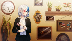 Rule 34 | 1girl, bad id, bad pixiv id, black jacket, black pants, blue hair, bulletin board, clock, collared shirt, commission, dress shirt, flower, flower pot, formal, hair between eyes, highres, jacket, long sleeves, looking at viewer, mamel 27, multicolored hair, open clothes, open jacket, original, pants, parted lips, plant, potted plant, red eyes, red flower, roman numeral, shelf, shirt, short hair, solo, suit, two-tone hair, wall clock, watch, white hair, white shirt, wristwatch