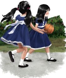Rule 34 | 2girls, ball, child, dress, female focus, highres, mary janes, multiple girls, original, outdoors, pawoo, running, shoes, twintails, wysteriary