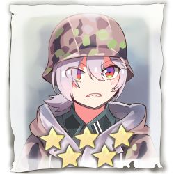 Rule 34 | 1girl, camouflage, camouflage coat, camouflage headwear, closed mouth, coat, company of heroes, german army, hair between eyes, hat, lowres, medium hair, military, military coat, military hat, military uniform, obersoldaten (company of heroes), open mouth, original, ponytail, portrait, red eyes, sharp teeth, solo, star (symbol), teeth, uniform, v-shaped eyebrows, world war ii, zhainan s-jun