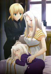 Rule 34 | 3girls, absurdres, ahoge, artoria pendragon (all), artoria pendragon (fate), black gloves, blonde hair, breasts, child, cleavage, closed eyes, fate/zero, fate (series), formal, gloves, green eyes, highres, illyasviel von einzbern, irisviel von einzbern, irisviel von einzbern (angel&#039;s song), lap pillow, long hair, mother and daughter, multiple girls, necktie, non-web source, nyantype, official art, ponytail, red eyes, saber (fate), scan, short hair, silver hair, suit, very long hair, yamamoto shinji