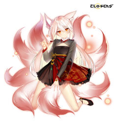 Rule 34 | 1girl, alternate hair color, animal ear fluff, animal ears, ankle bell, black dress, black footwear, claw pose, cleavage cutout, closers, clothing cutout, copyright name, dot mouth, dress, expressionless, fingernails, flat chest, fox ears, fox girl, fox tail, full body, hand up, head tilt, highres, kitsune, kneeling, kyuubi, layered dress, light particles, logo, long fingernails, long hair, long sleeves, looking at viewer, low twintails, multiple tails, no pupils, official art, orange eyes, pink tail, red dress, see-through, see-through sleeves, solo, tachi-e, tail, tina (closers), twintails, two-tone dress, white background, white hair