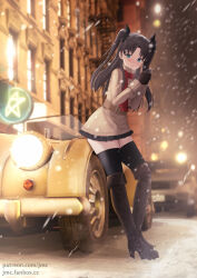 Rule 34 | 1girl, :o, belt, black gloves, black hair, black thighhighs, blue eyes, boots, car, fate/stay night, fate (series), full body, gloves, highres, jacket, joko jmc, looking at viewer, motor vehicle, night, outdoors, overknee boots, red scarf, scarf, snowing, solo, thighhighs, tohsaka rin, two side up, winter, zettai ryouiki