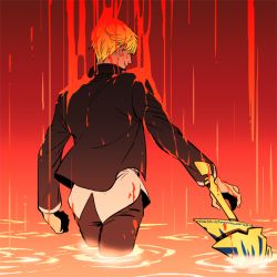 Rule 34 | 1boy, bad id, bad pixiv id, blonde hair, ea (fate/stay night), fate/stay night, fate (series), gilgamesh (fate), gradient background, j (onjj), male focus, official alternate costume, red theme, slime (substance), solo, weapon