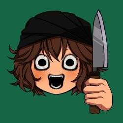 Rule 34 | 1jumangoku, 1other, androgynous, bags under eyes, bandana, black bandana, black eyes, brown hair, commentary, crazy, crazy eyes, crazy smile, green background, head only, highres, holding, holding knife, knife, kuzu suzumi, len&#039;en, looking at viewer, messy hair, open mouth, other focus, sharp teeth, short hair, simple background, smile, solo, straight-on, teeth, turban