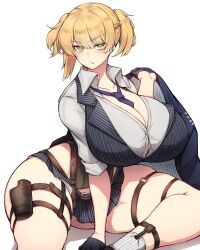 Rule 34 | 1girl, absurdres, alternate breast size, between breasts, black gloves, blonde hair, breasts, cleavage, collarbone, collared shirt, commentary request, commission, curvy, girls&#039; frontline, gloves, green eyes, grey shirt, hair over eyes, half gloves, highres, holding, holding clothes, holding jacket, holster, huge breasts, jacket, looking at viewer, miniskirt, necktie, necktie between breasts, pinstripe pattern, pinstripe skirt, pinstripe vest, pixiv commission, purple necktie, rikuguma, shirt, simple background, sitting, skirt, sleeves rolled up, socks, solo, striped, thick thighs, thigh holster, thigh strap, thighs, twintails, vest, welrod mkii (girls&#039; frontline), white background, white socks