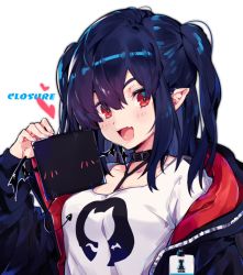 Rule 34 | 1girl, anchun (quail0503), arknights, artworks/76934080, black choker, black hair, black jacket, blush, breasts, character name, choker, closure (arknights), collarbone, commentary request, fang, hair between eyes, heart, id card, jacket, lanyard, long hair, long sleeves, looking at viewer, medium breasts, open clothes, open jacket, open mouth, pointy ears, red eyes, shirt, simple background, smile, solo, upper body, white background, white shirt