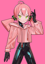 Rule 34 | &gt;:), 1girl, :3, absurdres, ahoge, black gloves, bodysuit, bodysuit under clothes, commentary, english commentary, gloves, green eyes, hair ornament, highres, hood, hoodie, latex, latex bodysuit, latex gloves, low twintails, original, pink background, pink hair, saaal653, shiny clothes, short twintails, skin tight, solo, twintails, v-shaped eyebrows, xenon (saaal653)