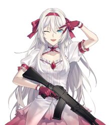 Rule 34 | 1girl, ;d, an-94, an-94 (girls&#039; frontline), assault rifle, blue eyes, breasts, cleavage cutout, clothing cutout, collarbone, dress, girls&#039; frontline, gloves, gun, hair ribbon, hand up, highres, holding, holding weapon, long hair, one eye closed, open mouth, puffy sleeves, red dress, red gloves, red ribbon, ribbon, rifle, short sleeves, simple background, small breasts, smile, solo, suprii, trigger discipline, two-tone dress, v, very long hair, weapon, white background, white dress, white hair
