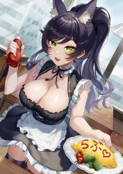 Rule 34 | 1girl, alternate costume, animal ear fluff, animal ears, apron, black dress, black ribbon, black thighhighs, breasts, broccoli, chair, cleavage, corset, dress, dutch angle, enmaided, fangs, food, fox ears, framed breasts, green eyes, highres, holding, holding plate, illian-san, indoors, ketchup bottle, large breasts, long hair, looking at viewer, maid, meridian project, nail polish, neck ribbon, omelet, omurice, open mouth, plate, ponytail, purple eyes, reaching, reaching towards viewer, ribbon, seki (vtuber), sleeveless, sleeveless dress, smile, solo, sparkle, standing, table, thighhighs, tomato, virtual youtuber, waist apron, window, zettai ryouiki