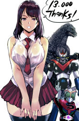 Rule 34 | 1girl, between breasts, black thighhighs, breasts, brown hair, character request, commentary request, godzilla, godzilla (series), great mazinger, great mazinger (robot), kaijuu, kamen rider, kamen rider stronger, kamen rider stronger (series), kamisimo 90, large breasts, long hair, looking at viewer, mazinger (series), mecha, monster, necktie, original, pleated skirt, purple eyes, red skirt, robot, shirt, skirt, speech bubble, standing, thank you, thighhighs, tokusatsu, white shirt