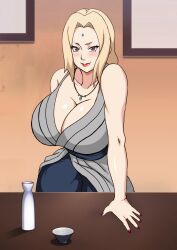Rule 34 | 1girl, bare shoulders, blonde hair, bottle, breast focus, breasts, brown eyes, choko (cup), cleavage, cup, facial mark, female focus, forehead jewel, forehead mark, highres, huge breasts, jewelry, looking at viewer, mature female, nail polish, naruho, naruto, naruto (series), necklace, red nails, sake bottle, smile, solo, tsunade (naruto)