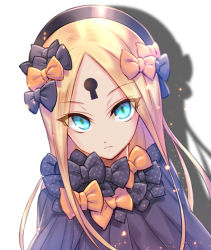 Rule 34 | &gt;:(, 1girl, abigail williams (fate), bad id, bad pixiv id, black bow, black dress, black hat, blonde hair, blue eyes, bow, bug, butterfly, closed mouth, dress, drop shadow, fate/grand order, fate (series), forehead, glowing, glowing eyes, hair bow, hat, insect, keyhole, light frown, long hair, looking at viewer, multiple hair bows, nasaniliu, orange bow, parted bangs, polka dot, polka dot bow, solo, v-shaped eyebrows, very long hair, white background