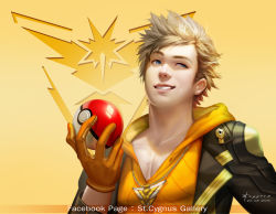 Rule 34 | 1boy, 2016, artist name, blonde hair, blue eyes, creatures (company), dated, emblem, game freak, gloves, grin, highres, holding, holding poke ball, hood, hoodie, jacket, jewelry, looking to the side, male focus, necklace, nintendo, orange gloves, pale skin, pectorals, poke ball, poke ball (basic), pokemon, pokemon go, realistic, simple background, smile, smirk, solo, spark (pokemon), spiked hair, st. cygnus, stitches, team instinct, upper body, watermark, yellow background
