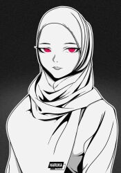 Rule 34 | 1girl, assertive female, eyelashes, female focus, grey background, haruka projects, hijab, looking at viewer, red eyes, sadism, simple background