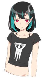Rule 34 | 1girl, nanashi inc., :/, akitetsu, black hair, black shirt, blue hair, closed mouth, collarbone, crop top, demon girl, demon horns, expressionless, eye of providence, fang, fang out, flat chest, horns, looking at viewer, midriff, multicolored hair, navel, pointy ears, red eyes, shirt, shishio chris, short hair, short sleeves, simple background, solo, sugar lyric, transparent background, two-tone hair, upper body, virtual youtuber