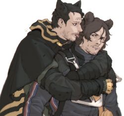 Rule 34 | 2boys, animal ears, bear ears, black cape, black gloves, black hair, black jacket, brown hair, cape, couple, death stranding, facial hair, gloves, goatee, hamms hamss, higgs (death stranding), highres, hood, hooded cape, hug, hug from behind, jacket, looking at another, male focus, mature male, multiple boys, mustache, sam porter bridges, short hair, simple background, tongue, tongue out, two-tone cape, white background, yaoi, yellow cape