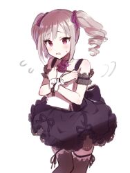 Rule 34 | 1girl, arm scrunchie, ascot, bare shoulders, black dress, blush, bow, breasts, collarbone, cowboy shot, dot nose, dress, drill hair, flying sweatdrops, grey hair, grey scrunchie, grey thighhighs, hair bow, hair ribbon, hands up, holding, holding sketchbook, idolmaster, idolmaster cinderella girls, idolmaster cinderella girls starlight stage, kanzaki ranko, kurasaki moroko, long hair, looking at viewer, medium breasts, motion lines, open mouth, purple ascot, purple ribbon, red eyes, ribbon, scrunchie, simple background, sketchbook, sleeveless, sleeveless dress, solo, standing, sweatdrop, thighhighs, twin drills, twintails, white background