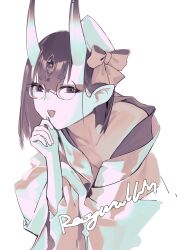 Rule 34 | 1girl, absurdres, artist name, bow, breasts, choker, eyeliner, fate/grand order, fate (series), glasses, greyscale, hat, headpiece, highres, horns, japanese clothes, kimono, leaning forward, long sleeves, looking at viewer, makeup, mini hat, monochrome, oni, open mouth, pointy ears, raywallin, short hair, shuten douji (dress for demons) (fate), shuten douji (fate), skin-covered horns, small breasts, smile, solo, wide sleeves