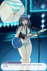 1girl absurdres ass bikini black_hair blush breasts captain_kirb english_text female_focus grey_eyes guitar highres holding holding_guitar holding_instrument hoshino_ichika_(project_sekai) instrument long_hair looking_at_viewer medium_breasts microphone open_mouth project_sekai solo speech_bubble sweat swimsuit