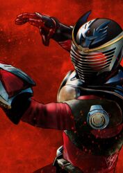 Rule 34 | 1boy, armor, armored bodysuit, breastplate, commentary, compound eyes, fighting stance, kamen rider, kamen rider ryuki, kamen rider ryuki (series), kouta decade, red background, red eyes, red theme, signature, simple background, solo, tokusatsu, upper body