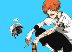 Rule 34 | androgynous, bottle, cigarette, earrings, freckles, gender request, jewelry, makkamu, maze, original, red hair, shaun the sheep, sheep, simple background, skull, smoking, tattoo, wallace and gromit